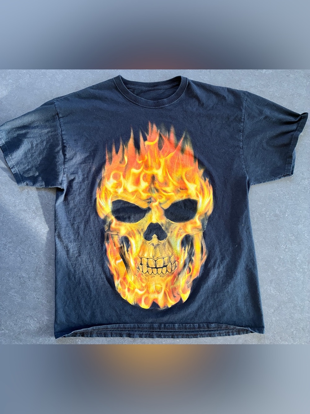 Mens Flaming Skull Black Y2K Grunge Skeleton Graphic Tee Streetwear Large